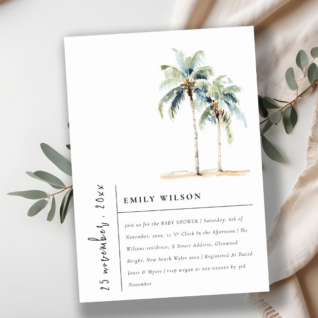 Chic Minimal Palm Trees Tropical Baby Shower Invitation (Creator Uploaded)