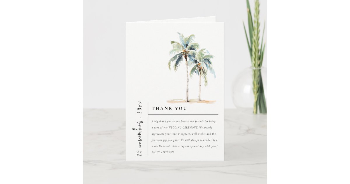Chic Minimal Palm Trees Tropical Wedding Photo Thank You Card | Zazzle