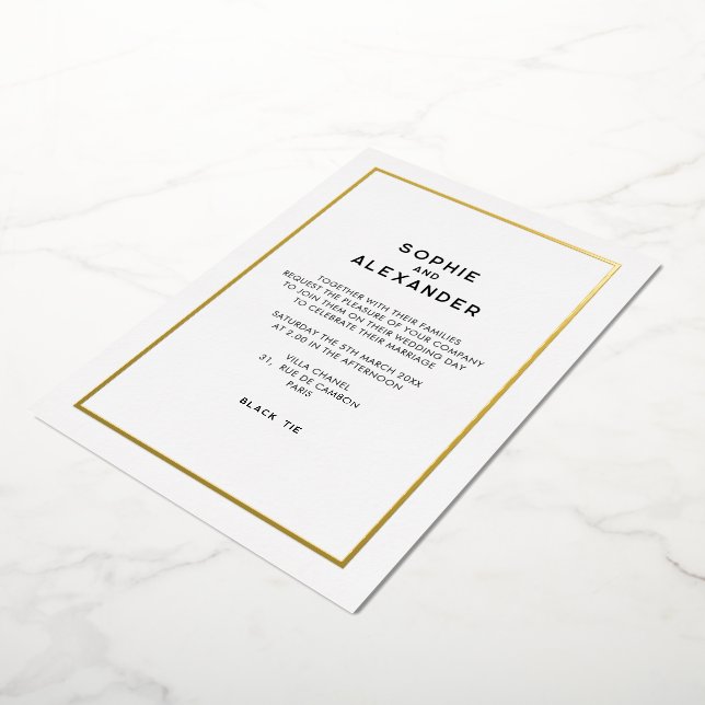 Chic Minimal Parisian French Gold Border Wedding Foil Invitation (Rotated)