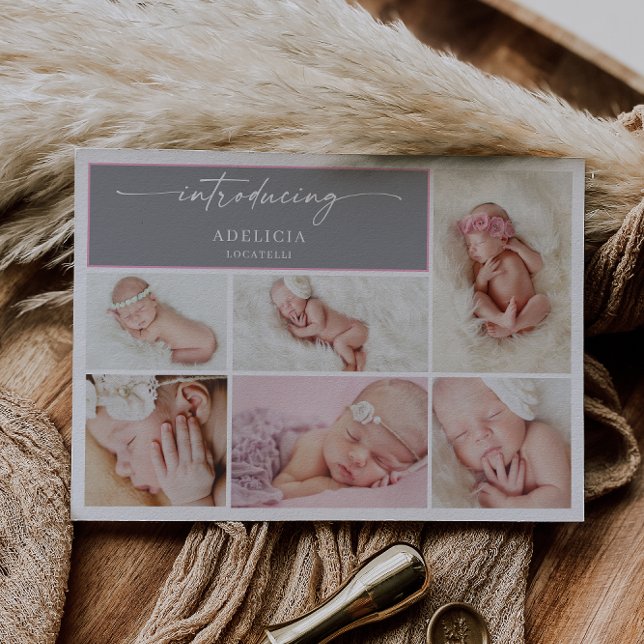 Chic Minimal Photo Collage Baby Announcement Card (Creator Uploaded)