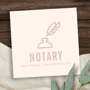 Chic Minimal Pink Blush Feather Nib Inkpot Notary Square Business Card by DearBrand at Zazzle