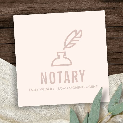 Customizable CHIC MINIMAL PINK BLUSH FEATHER NIB INKPOT NOTARY SQUARE BUSINESS CARD