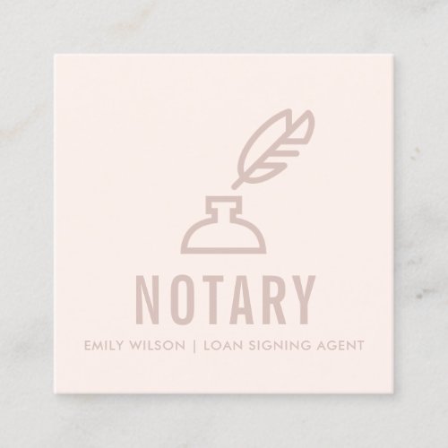 CHIC MINIMAL PINK BLUSH FEATHER NIB INKPOT NOTARY SQUARE BUSINESS CARD