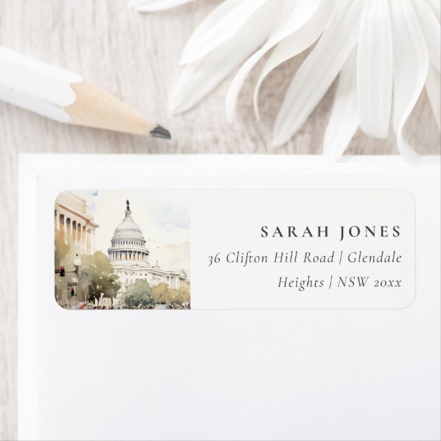 Chic Minimal Washington DC, USA Watercolor Address Label (Insitu)