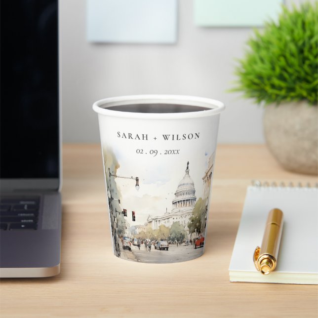 Chic Minimal Washington DC, USA Watercolor Wedding Paper Cups (Insitu)