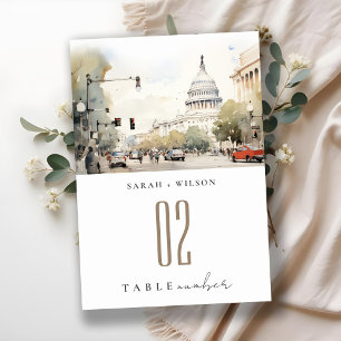Chic Minimal Washington DC, USA Watercolor Wedding Table Number