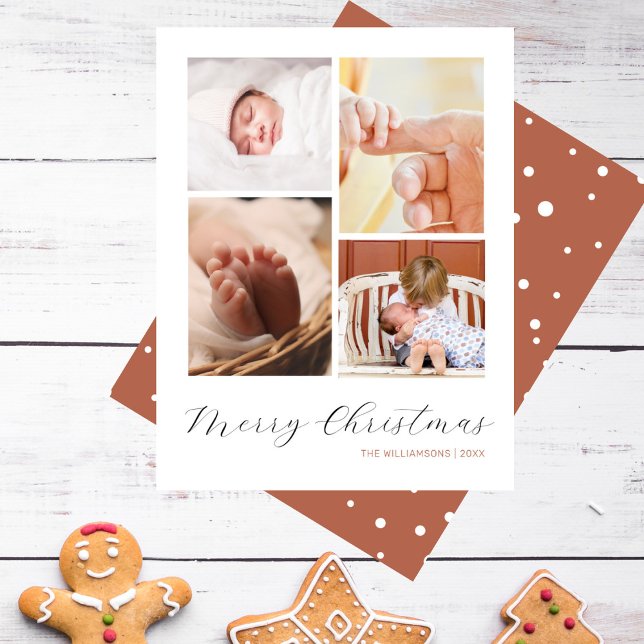 Chic Minimalist 4 Photo Collage Merry Christmas Holiday Card (Creator Uploaded)