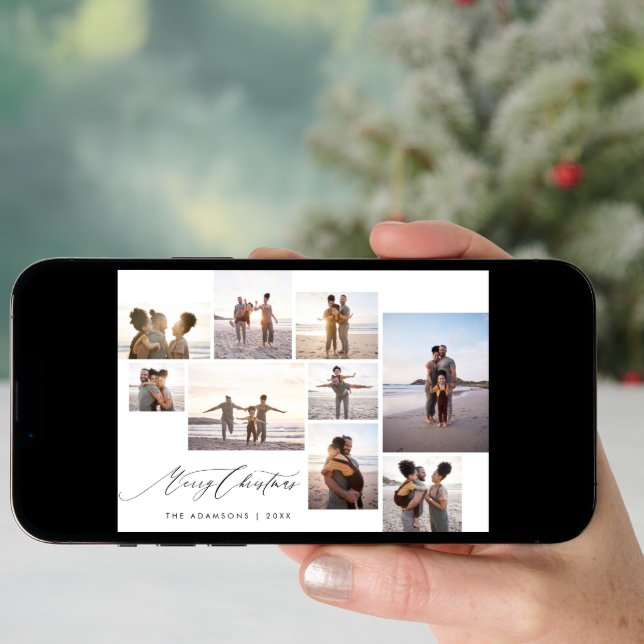 Chic Minimalist 9 Photo Collage Merry Christmas Holiday Card (Front Digital)