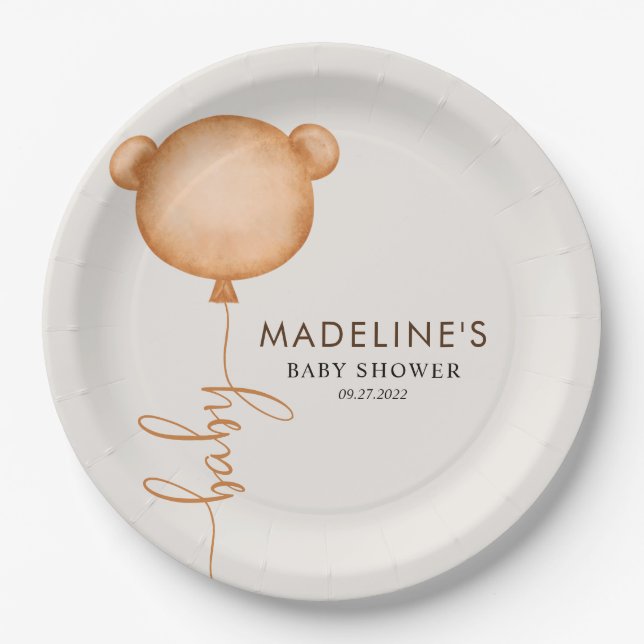 Chic Minimalist Bear Balloon Baby Shower Paper Plates (Front)