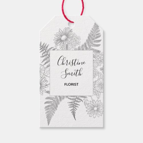 Chic Minimalist Black and White Line Drawn Floral  Gift Tags