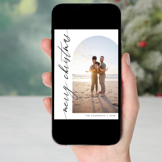 Chic Minimalist Calligraphy Arch Merry Christmas Holiday Card (Front Digital)