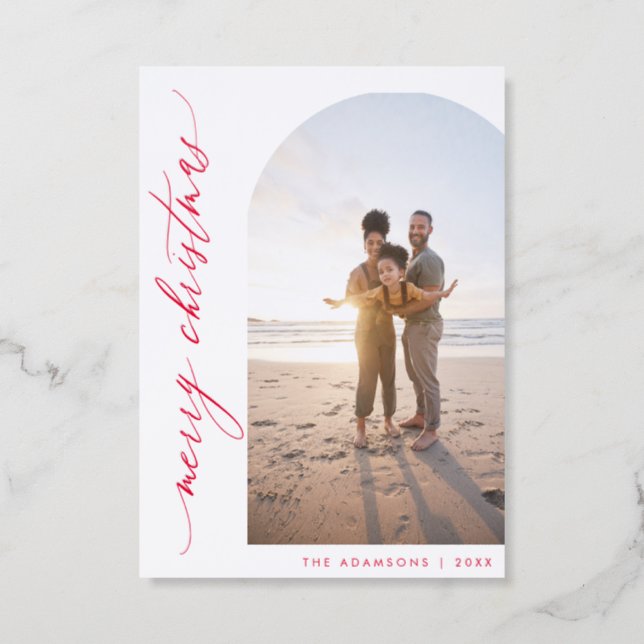 Chic Minimalist Calligraphy Arch Merry Christmas Letterpress Photo Cards (Front)