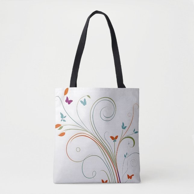 Chic minimalist calligraphy swirls butterflies  tote bag (Front)