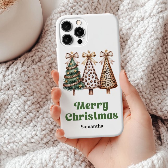 Chic Minimalist Christmas trees green gold leopard Case-Mate iPhone Case (Minimalist Christmas trees green gold leopard phone case)
