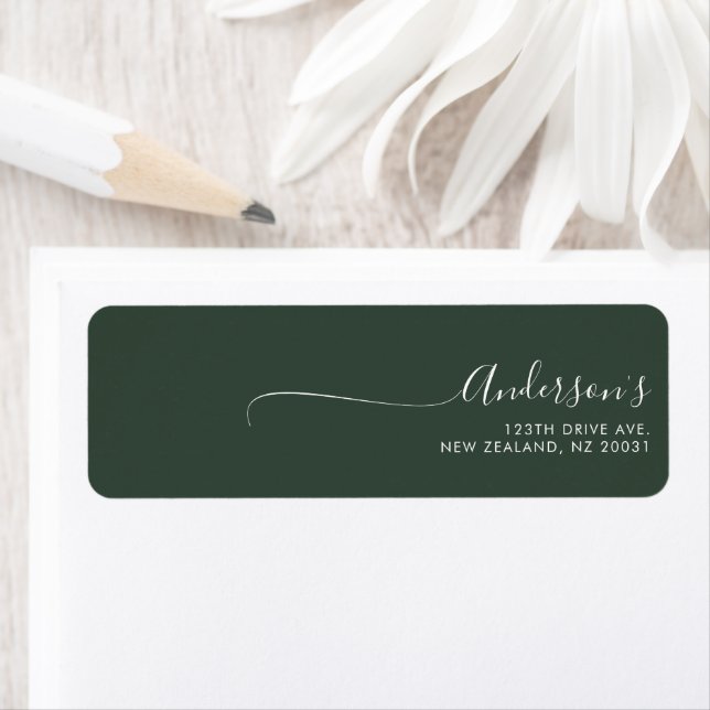 Chic Minimalist Dark Green Trendy Script Wedding  Label (Insitu)