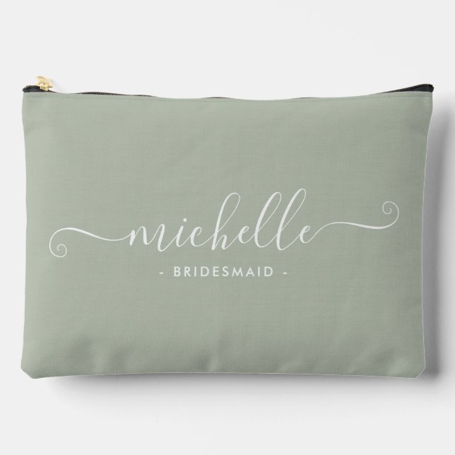 Chic Minimalist Dusty Sage Personalized Bridesmaid Accessory Pouch (Front)