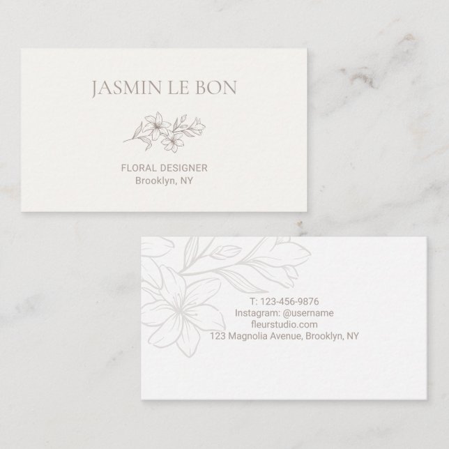 Chic Minimalist Floral Ivory & White Business Card (Front/Back)