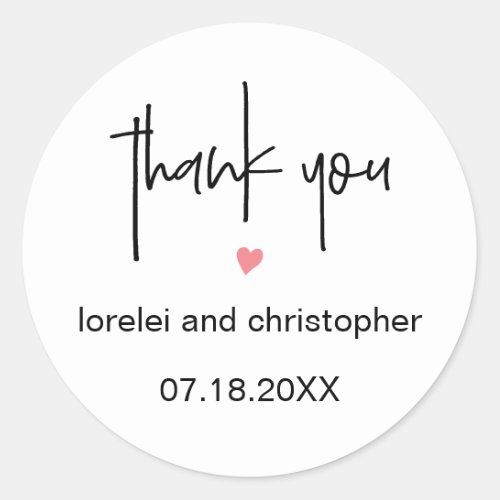 Chic Minimalist Font Thank You  Heart Wedding Classic Round Sticker