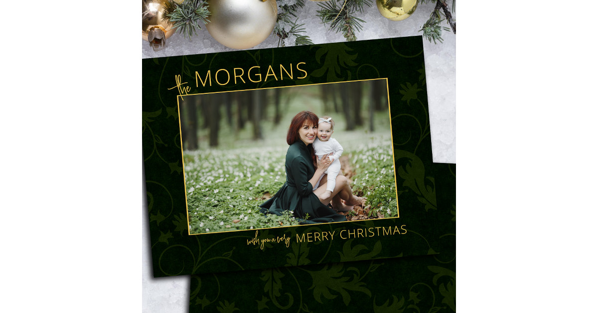 Chic Minimalist Green Damask Christmas Photo Holiday Card Zazzle