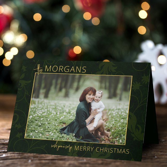 Chic Minimalist Green Damask Christmas Photo Holiday Card (Creator Uploaded)