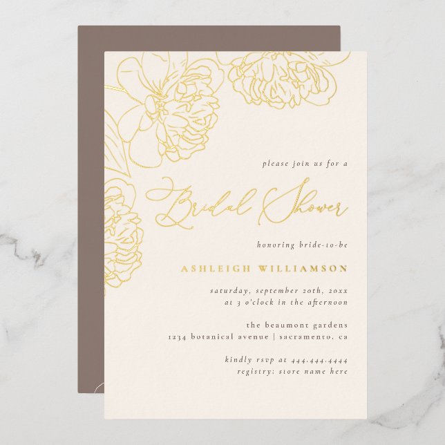 Chic Minimalist Hand-drawn Peonies Bridal Shower Foil Invitation (Front/Back)