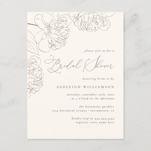 Chic Minimalist Hand_drawn Peonies Bridal Shower Invitation Postcard