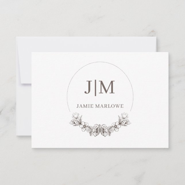 Chic Minimalist Initial Name Monogram Gray Floral Note Card (Front)