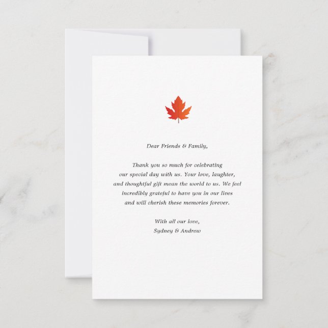 Chic Minimalist Maple Leaf Fall Wedding Photo Thank You Card (Back)