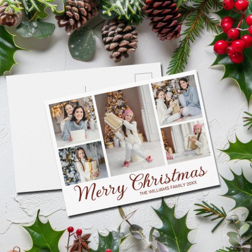 Chic Minimalist Merry Christmas Photo Collage Holiday Postcard