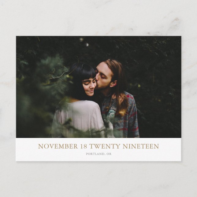 Chic Minimalist Modern Gold Photo Save the Date Announcement Postcard (Front)