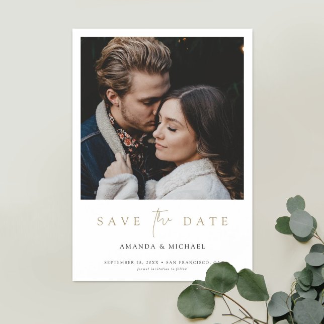 Chic Minimalist Modern Gold Photo Save the Date Magnetic Invitation (Creator Uploaded)