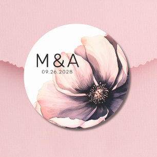 Chic Minimalist Modern Pink Floral Wedding Classic Round Sticker