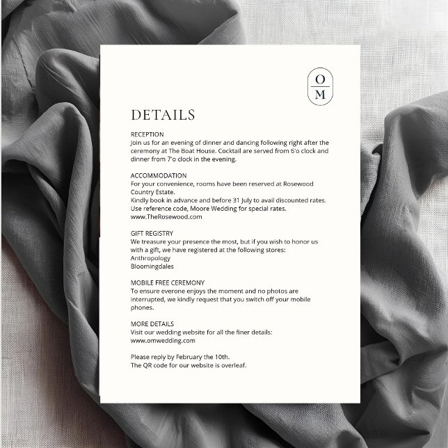 Chic Minimalist Monogram Wedding Details Enclosure Card (Creator Uploaded)