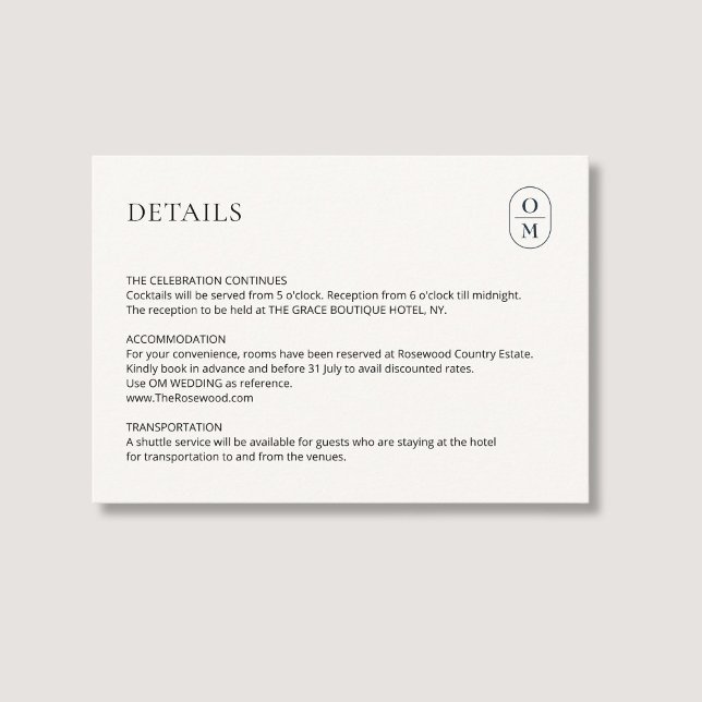 Chic Minimalist Monogram Wedding Details Enclosure Card (Creator Uploaded)