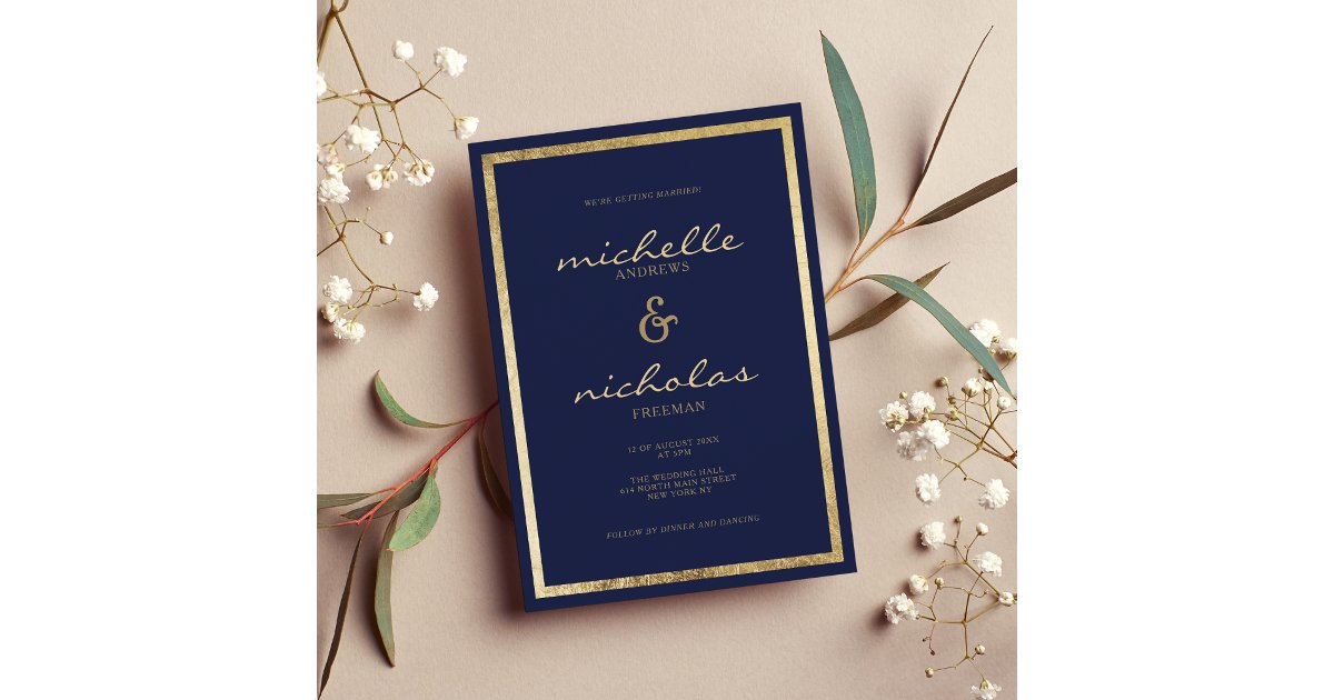 Chic minimalist navy blue gold wedding invitation | Zazzle