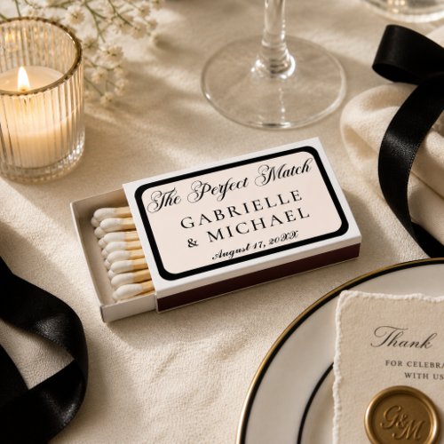 Chic Minimalist Old Money Black Ivory Wedding Date Matchboxes