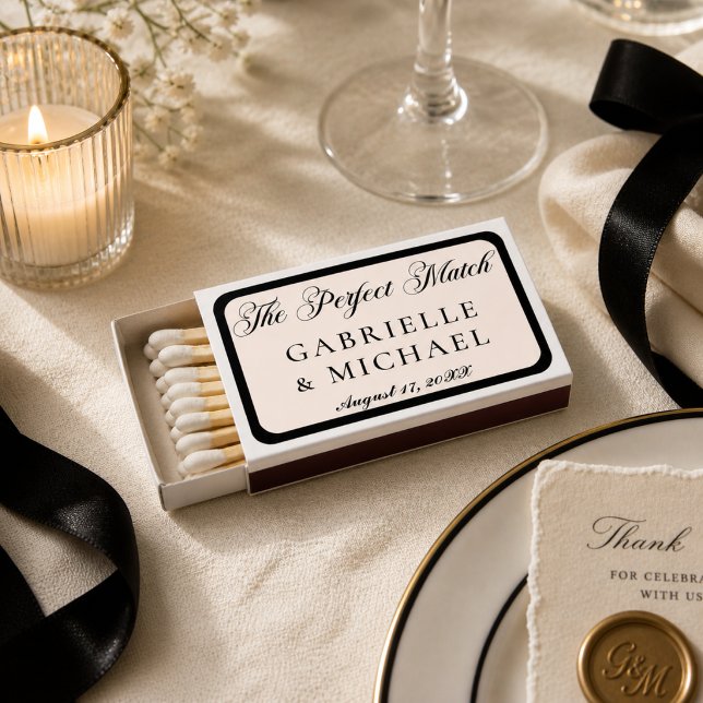 Chic Minimalist Old Money Black Ivory Wedding Date Matchboxes (Creator Uploaded)