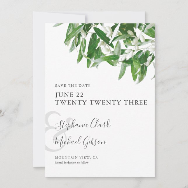 Chic Minimalist Olive Leaves Wedding Save the Date (Front)