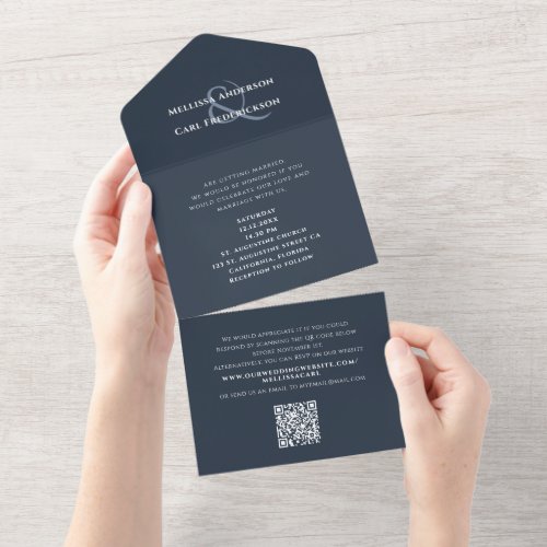 Chic Minimalist Outer Space Navy QR Wedding RSVP All In One Invitation