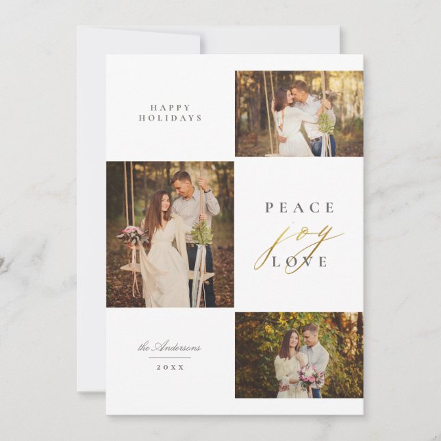 Chic Minimalist Peace Joy Love Typography Photo Holiday Card (Front)
