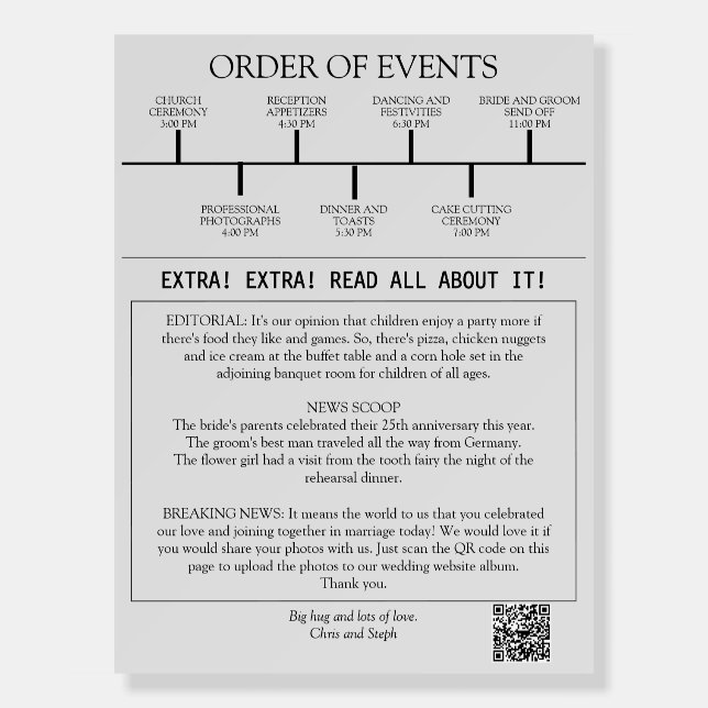 Chic Minimalist QR Code Reception Wedding Program Foam Board (Front)
