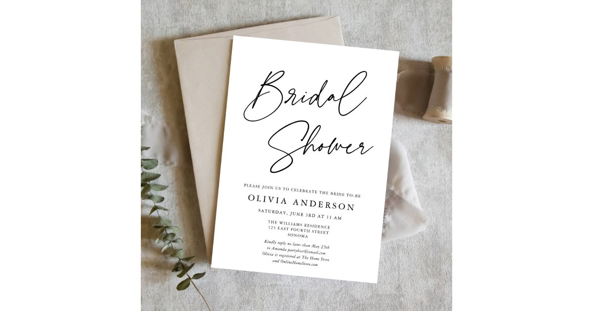 Chic Minimalist Script Black & White Bridal Shower Invitation | Zazzle