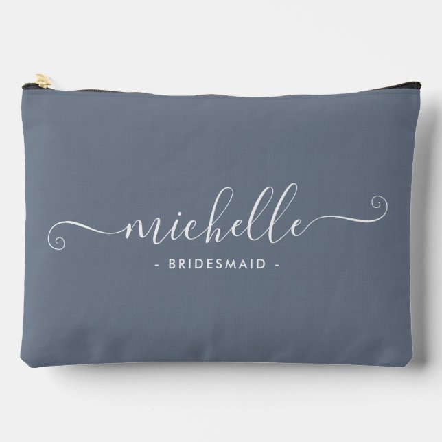 Chic Minimalist Steel Blue Personalized Bridesmaid Accessory Pouch (Front)