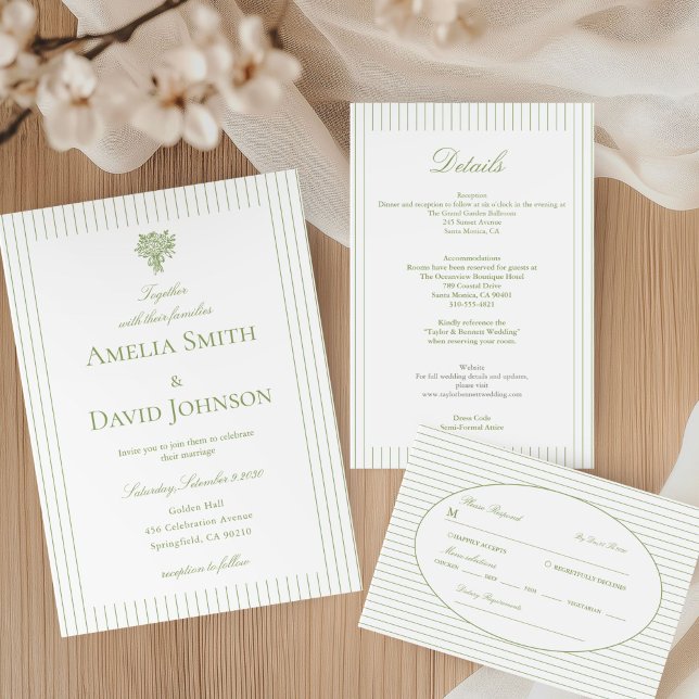 Chic Minimalist Stripe Green Wedding Details Invitation (Creator Uploaded)
