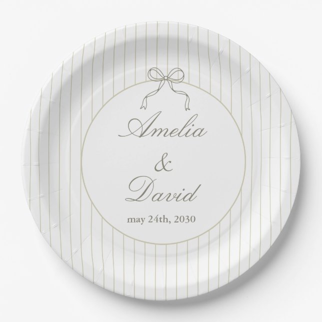 Chic Minimalist Stripe Green Wedding  Paper Plates (Front)