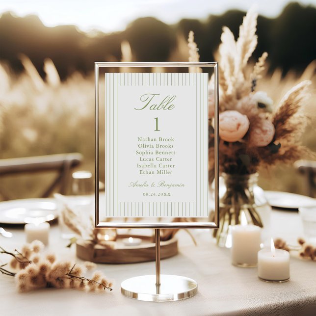 Chic Minimalist Stripe Green Wedding Table Number (Creator Uploaded)