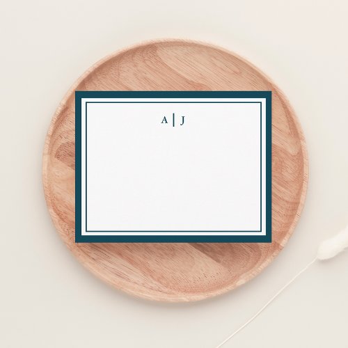 Chic Minimalist Teal Blue Two Border Monogram Note Card