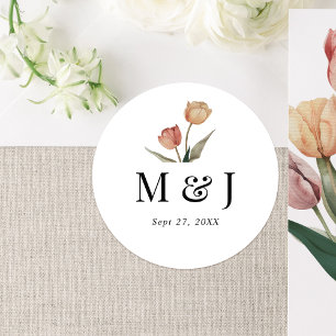 Chic Minimalist Tulips Watercolor Monogram Wedding Classic Round Sticker