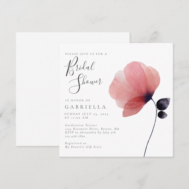 Chic Minimalist Watercolor Poppy Bridal Shower Invitation (Front/Back)