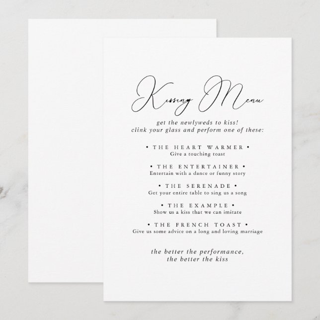 Chic Minimalist Wedding Kissing Menu Game Card (Front/Back)
